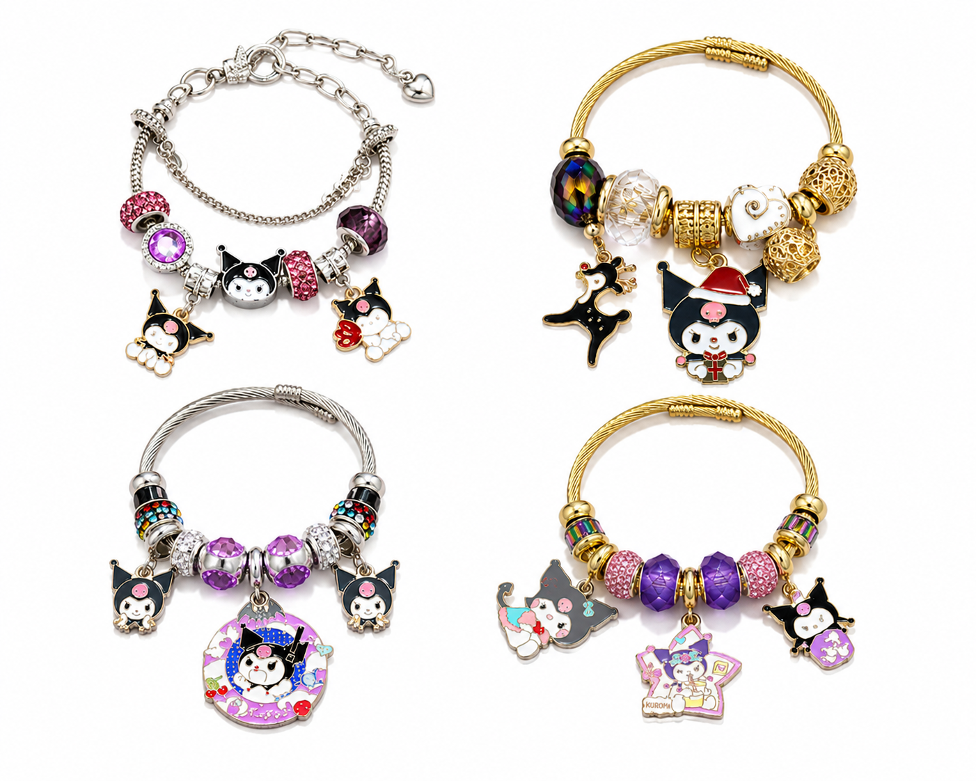 Sanrio Kuromi Charm Bracelet – Kawaii Crystal Beaded Bracelet with Sparkling Dangle Charms, Gold & Silver Tone, 4 Styles