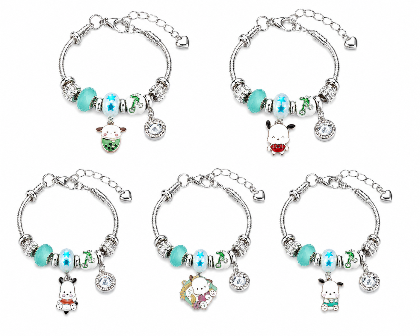 Sanrio Pochacco Charm Bracelet β Kawaii Crystal Beaded Silver-Tone Bracelet with Cute Dangle Charms, 5 Unique Styles
