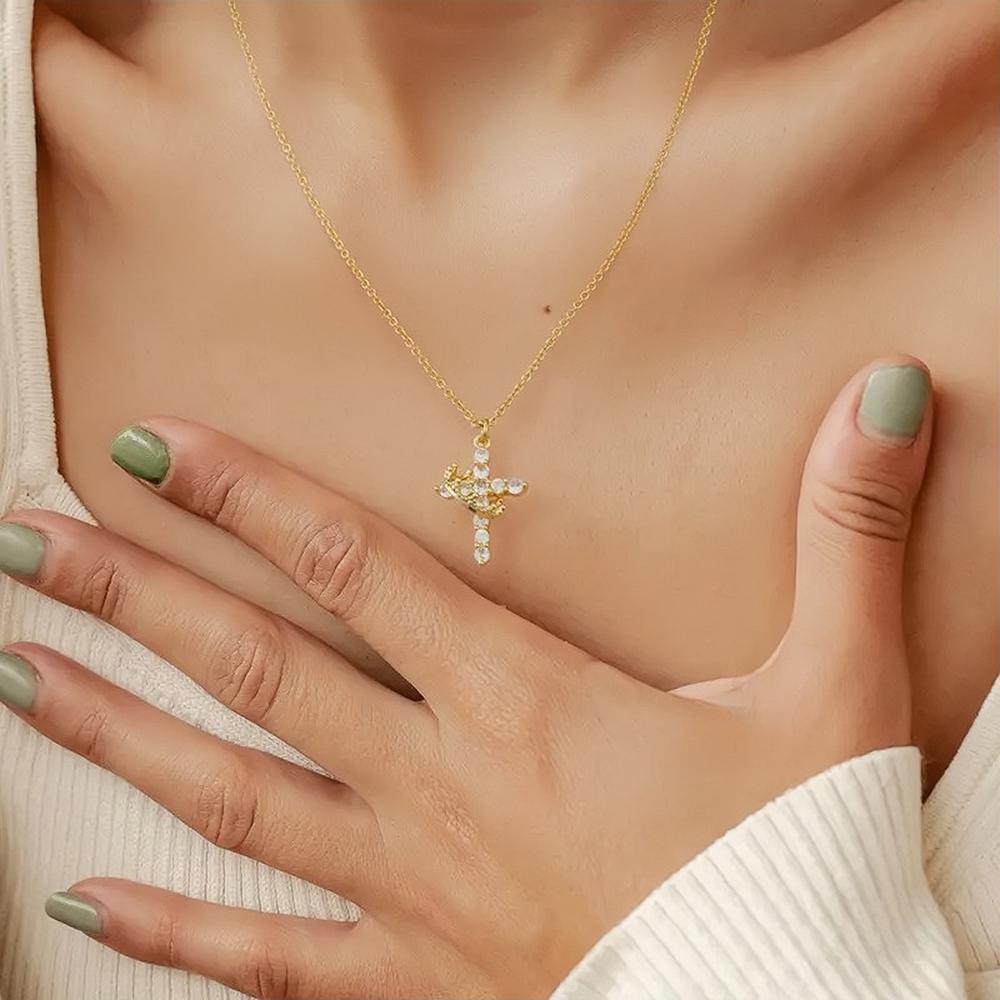 Artificial Gemstone Zircon Cross Crown Pendant Necklace Fashionable Wear Party Birthday Gift Worry Stone
