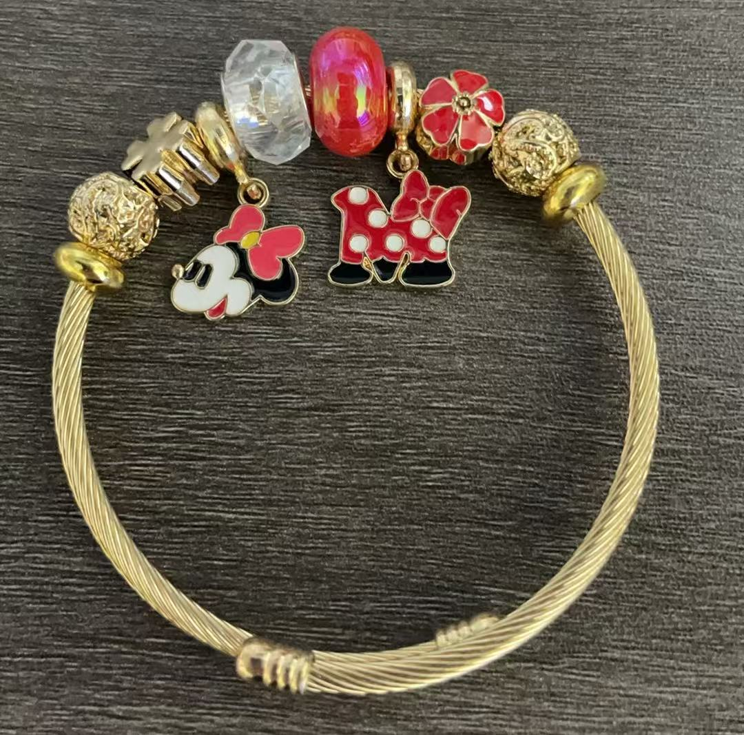 Disney Mickey & Minnie Charm Bracelet β Cute Crystal Beaded Bangle with Colorful Character Dangle Charms, Gold & Silver Tone, 5 Unique Styles