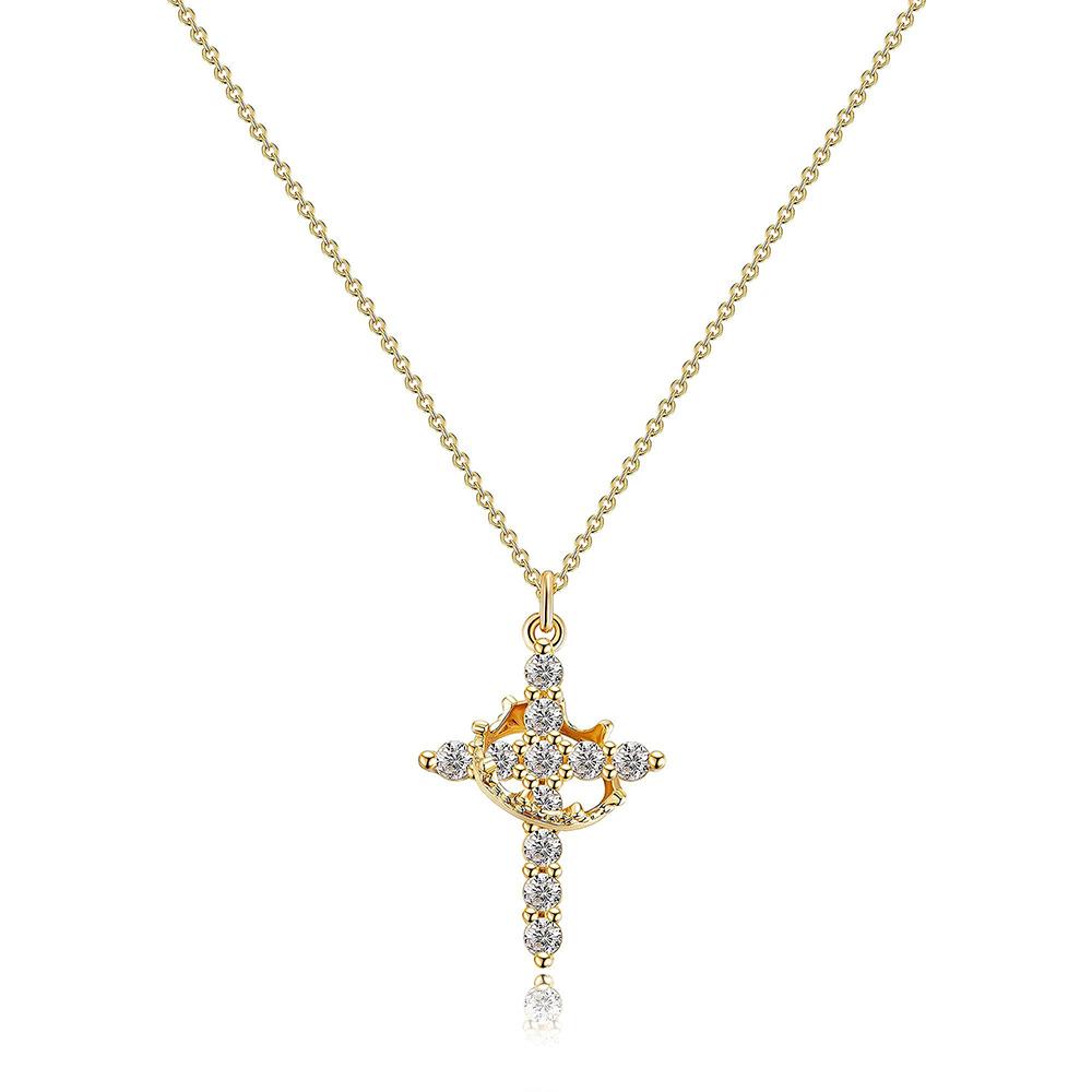 Artificial Gemstone Zircon Cross Crown Pendant Necklace Fashionable Wear Party Birthday Gift Worry Stone