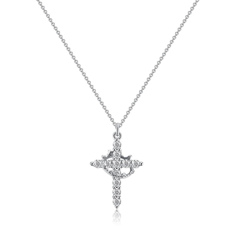 Artificial Gemstone Zircon Cross Crown Pendant Necklace Fashionable Wear Party Birthday Gift Worry Stone