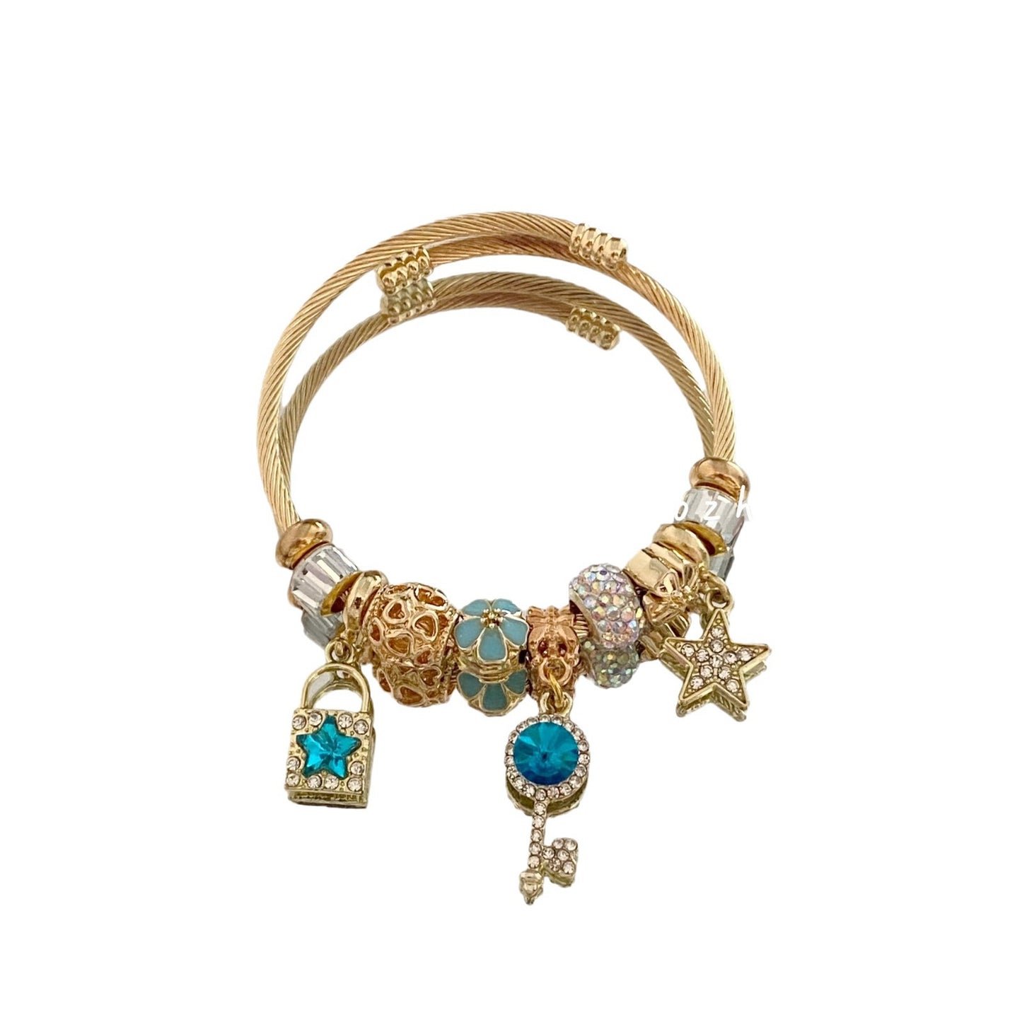 Star & Key Pendant Bracelet -Gold or Silver Plated Adjustable Chain with Diamond Accents Gift for Her Worry Stone