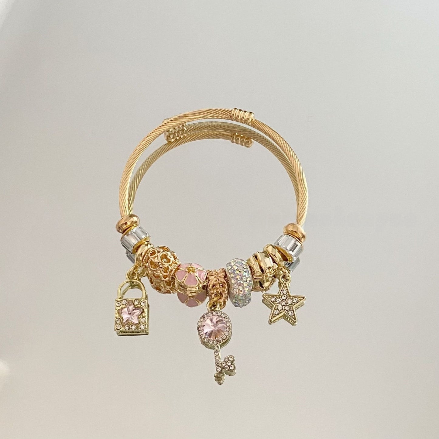 Star & Key Pendant Bracelet -Gold or Silver Plated Adjustable Chain with Diamond Accents Gift for Her Worry Stone