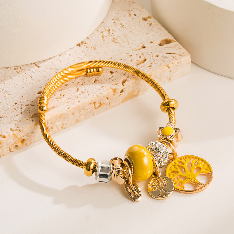 Tree of Life Charm Bracelet - Golden Wire Bangle with Nature - Inspired Accents