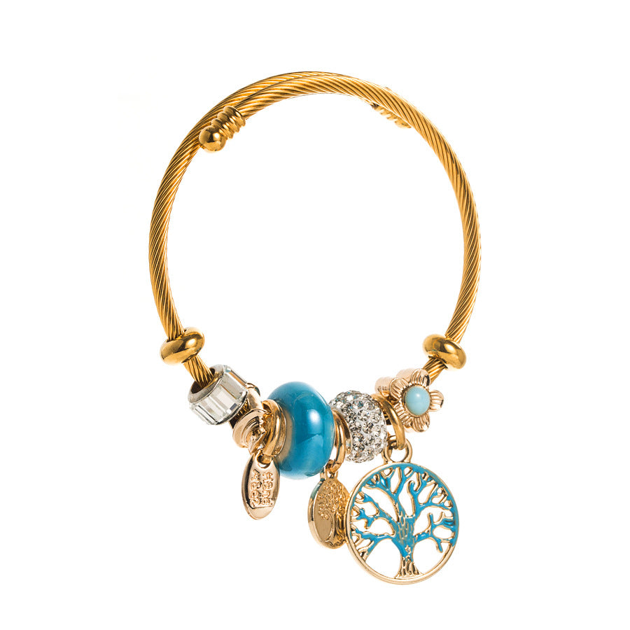 Tree of Life Charm Bracelet - Golden Wire Bangle with Nature - Inspired Accents