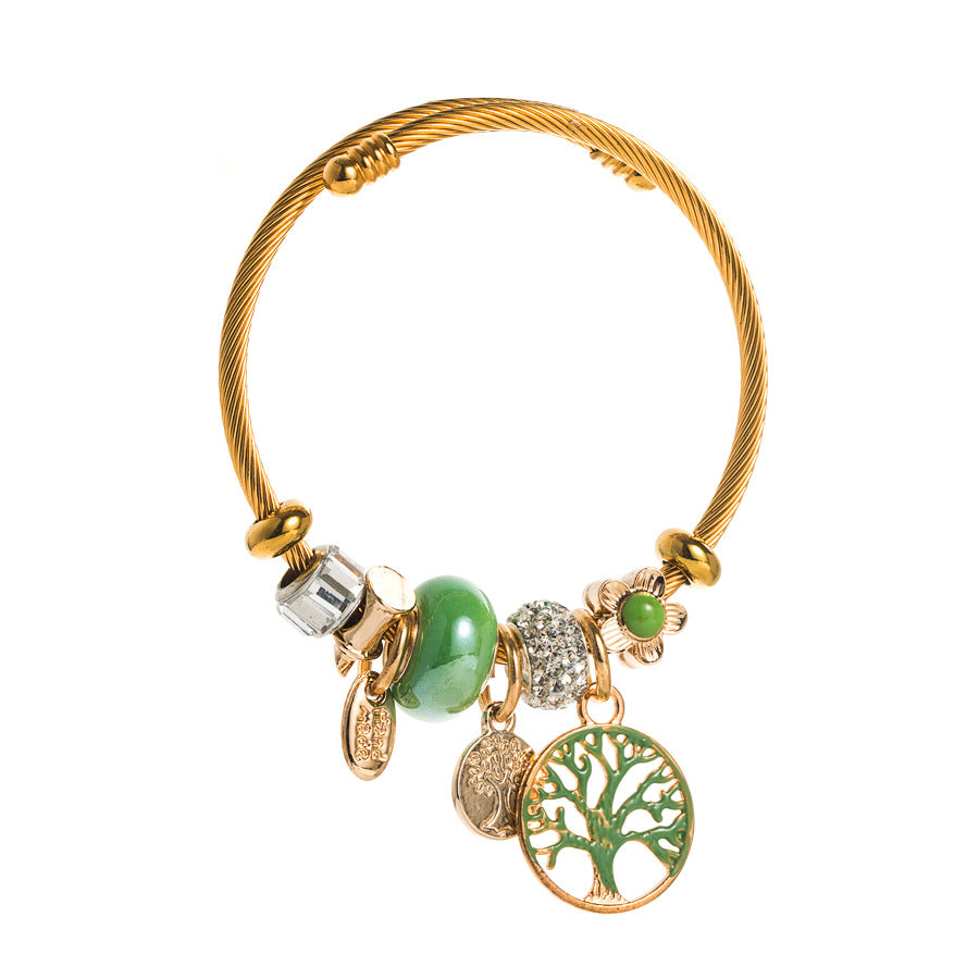 Tree of Life Charm Bracelet - Golden Wire Bangle with Nature - Inspired Accents