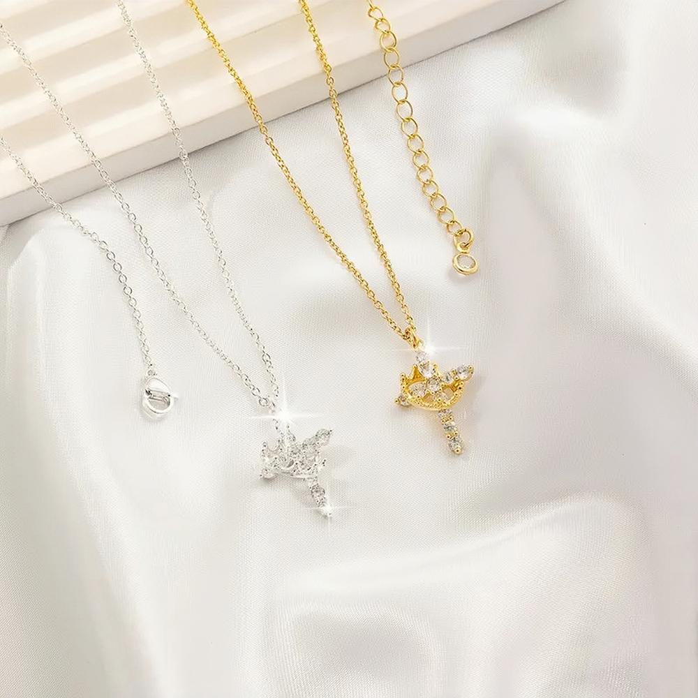 Artificial Gemstone Zircon Cross Crown Pendant Necklace Fashionable Wear Party Birthday Gift Worry Stone
