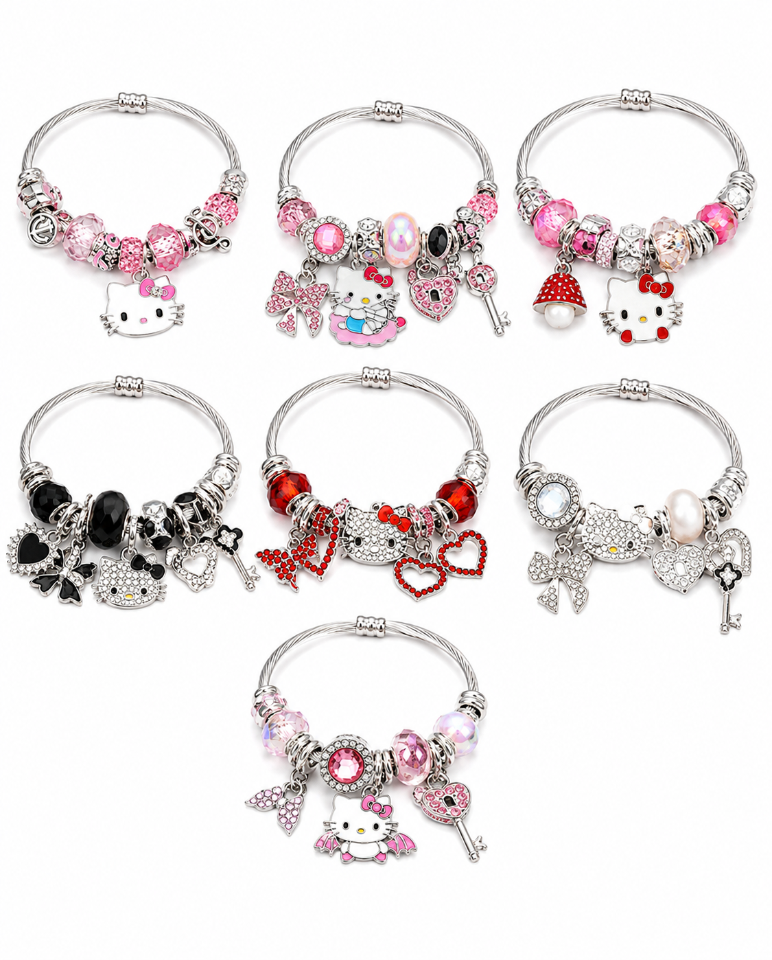 Hello Kitty Charm Bracelet with Crystal Beads & Dangle Charms – Sanrio Kawaii Silver Tone Cable Bangle, 7 Styles
