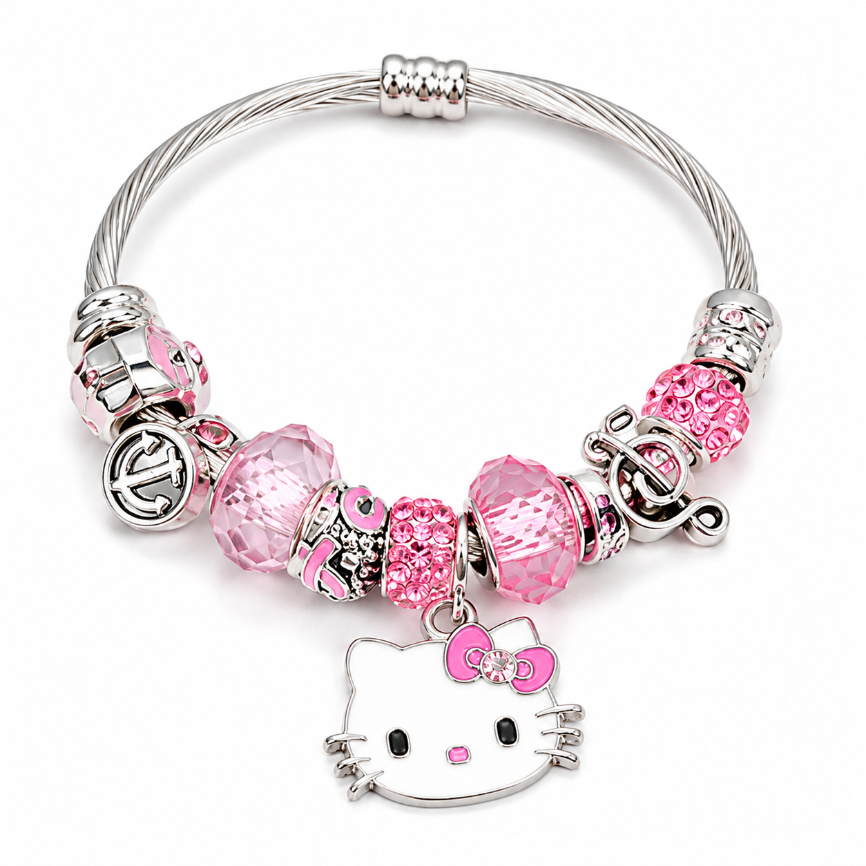 Hello Kitty Charm Bracelet with Crystal Beads & Dangle Charms – Sanrio Kawaii Silver Tone Cable Bangle, 7 Styles