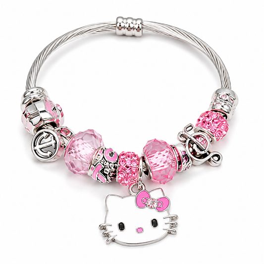 Hello Kitty Charm Bracelet with Crystal Beads & Dangle Charms – Sanrio Kawaii Silver Tone Cable Bangle, 7 Styles