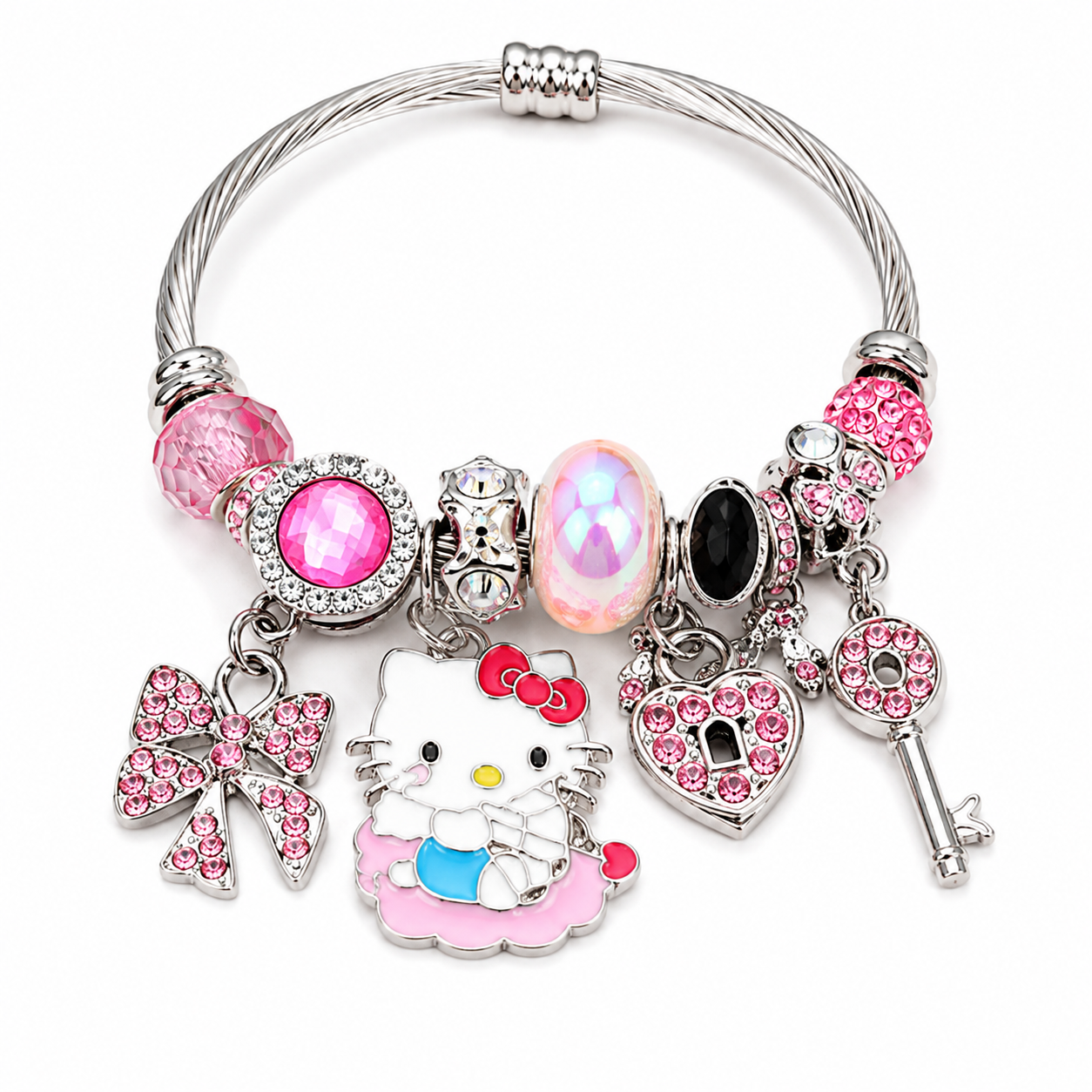 Hello Kitty Charm Bracelet with Crystal Beads & Dangle Charms – Sanrio Kawaii Silver Tone Cable Bangle, 7 Styles