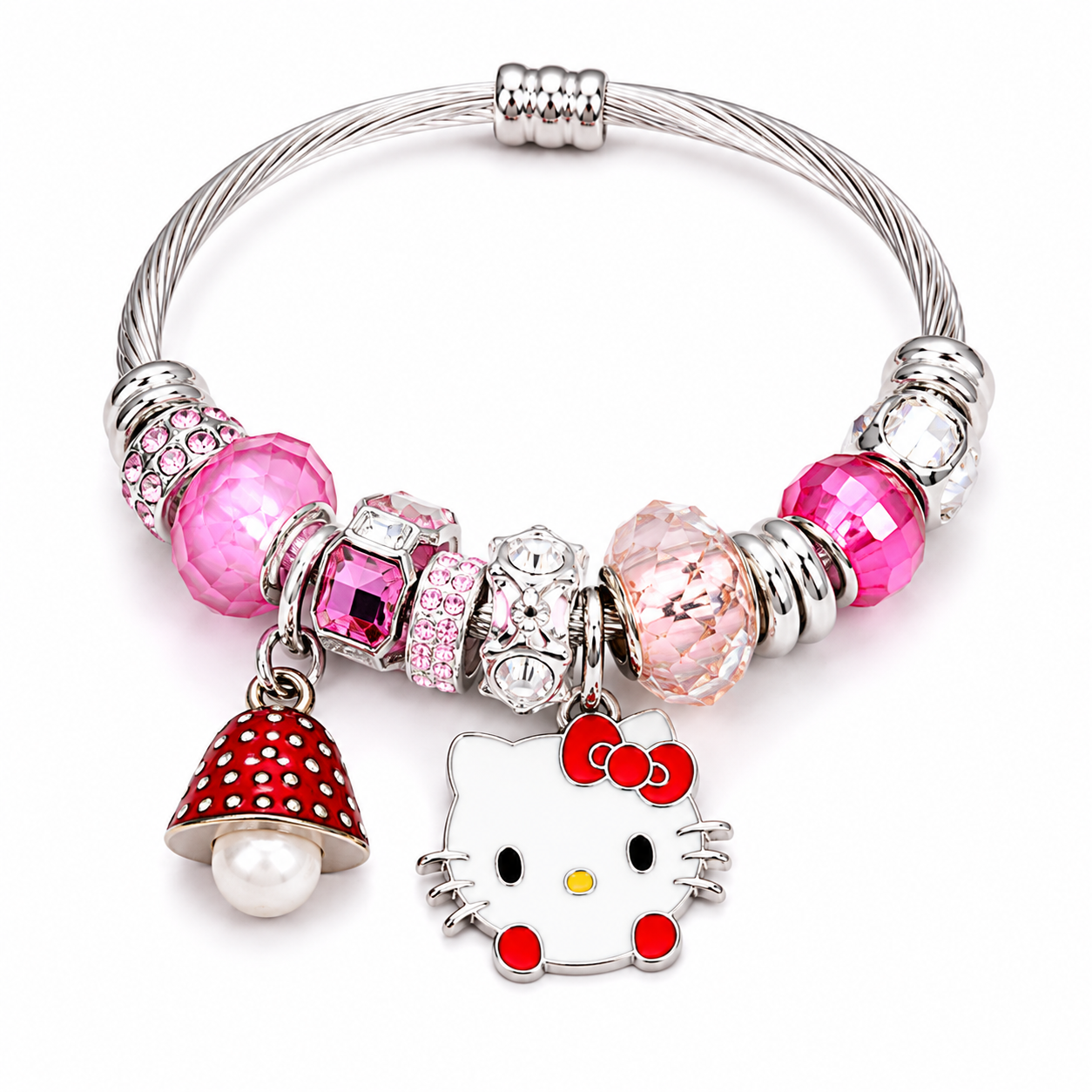 Hello Kitty Charm Bracelet with Crystal Beads & Dangle Charms – Sanrio Kawaii Silver Tone Cable Bangle, 7 Styles