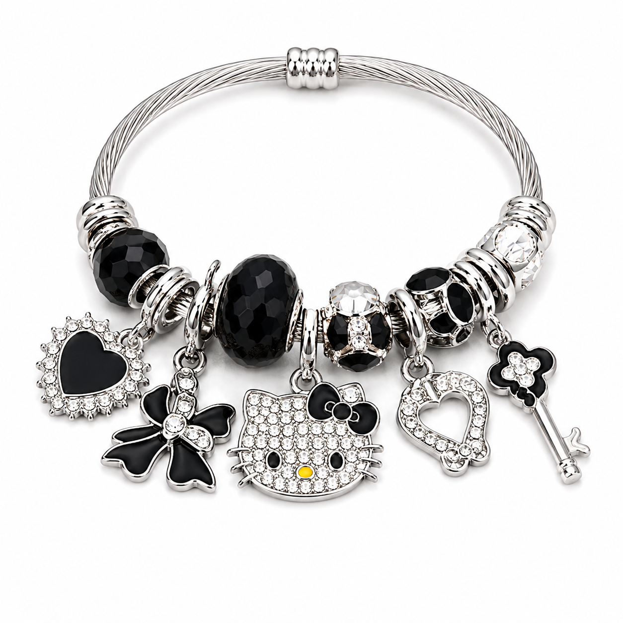 Hello Kitty Charm Bracelet with Crystal Beads & Dangle Charms – Sanrio Kawaii Silver Tone Cable Bangle, 7 Styles