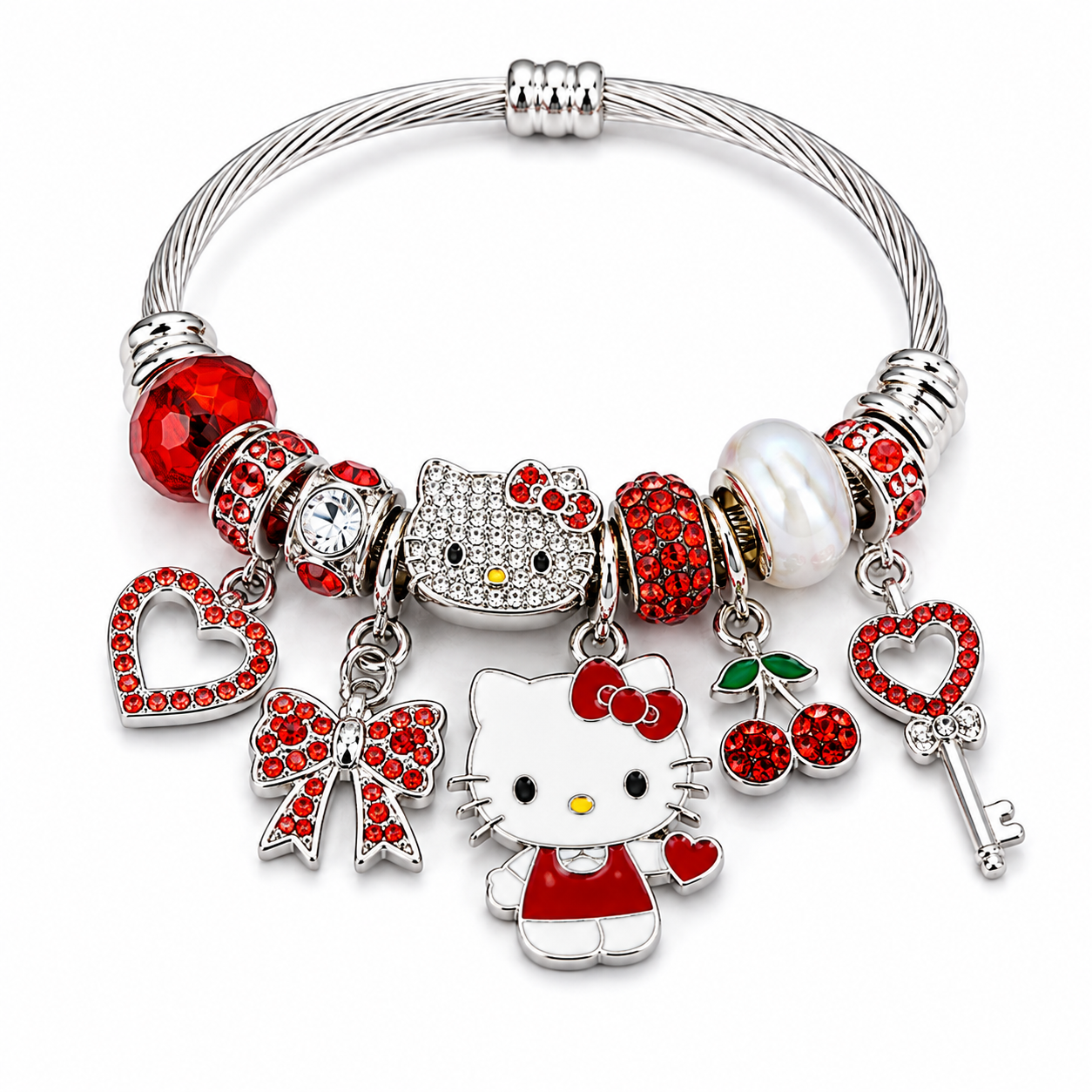 Hello Kitty Charm Bracelet with Crystal Beads & Dangle Charms – Sanrio Kawaii Silver Tone Cable Bangle, 7 Styles