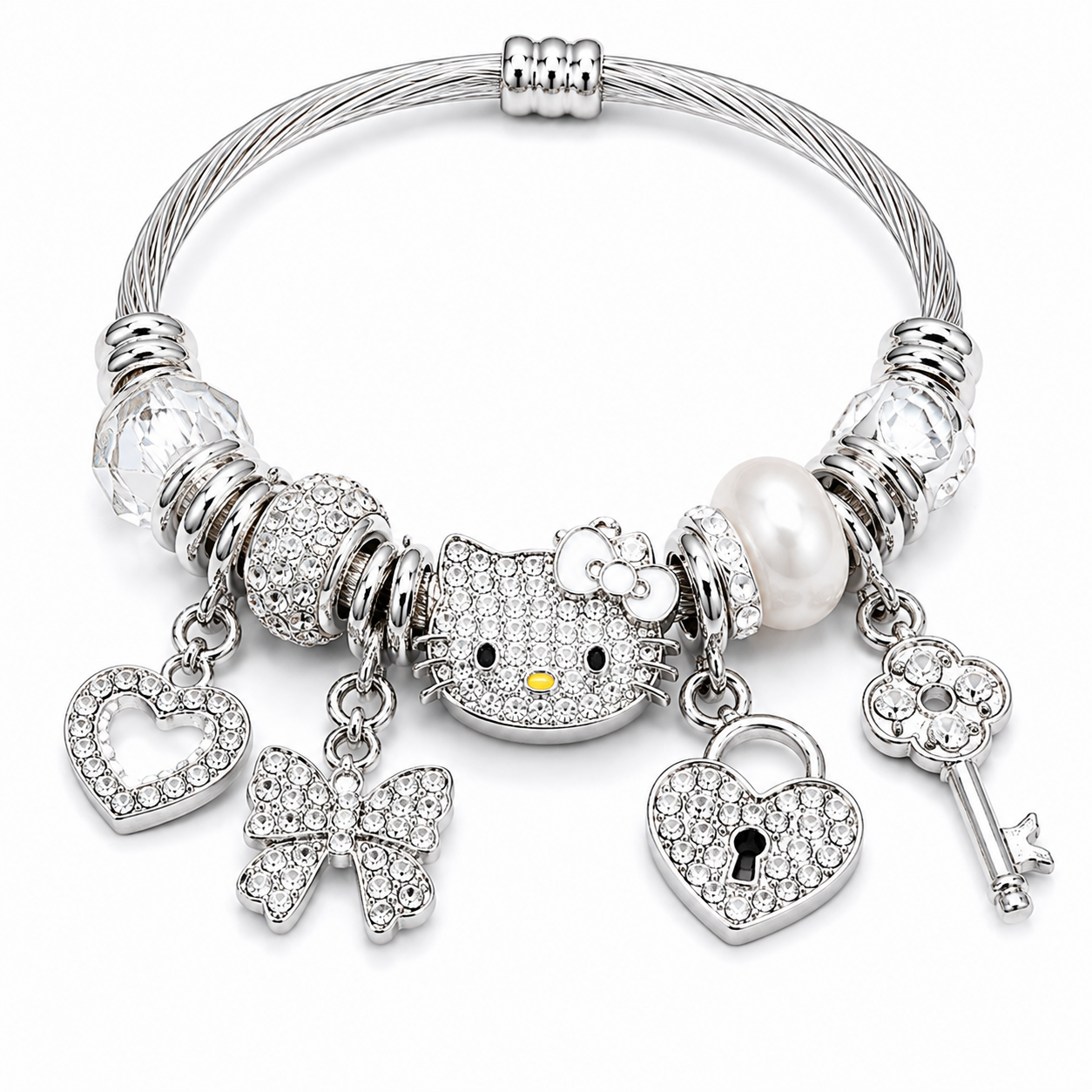 Hello Kitty Charm Bracelet with Crystal Beads & Dangle Charms – Sanrio Kawaii Silver Tone Cable Bangle, 7 Styles