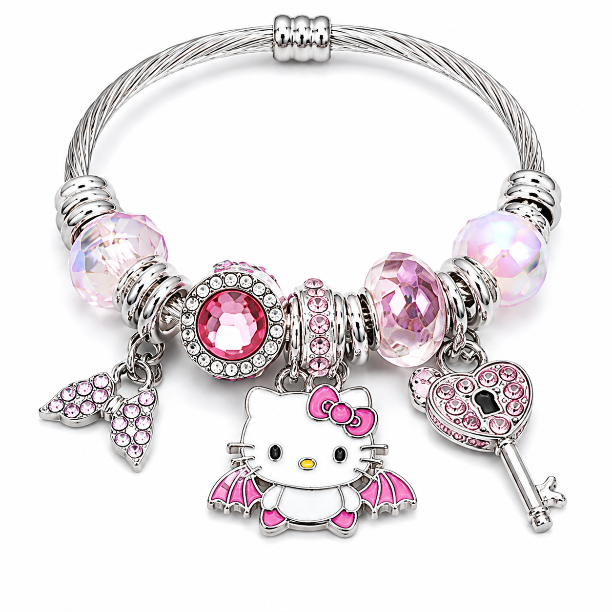 Hello Kitty Charm Bracelet with Crystal Beads & Dangle Charms – Sanrio Kawaii Silver Tone Cable Bangle, 7 Styles