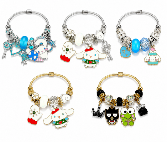 Official Sanrio Cinnamoroll, Keroppi & Badtz-Maru Charm Bracelet – Crystal Beaded Cable Bangle with Kawaii Dangle Charms, 5 Styles