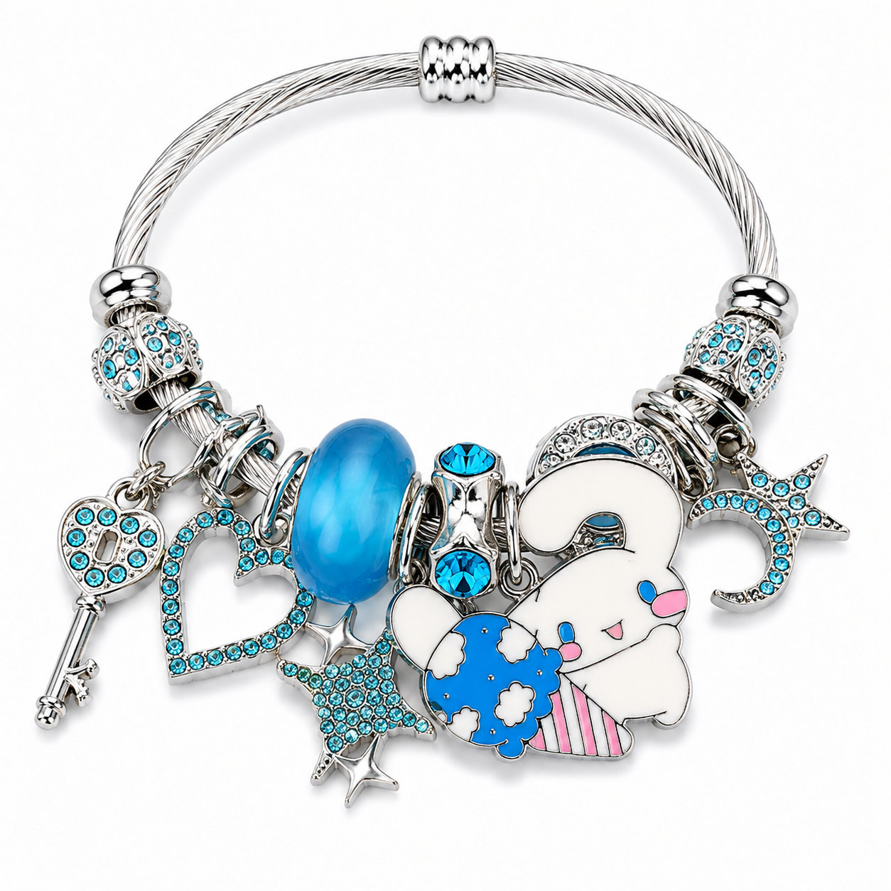 Official Sanrio Cinnamoroll, Keroppi & Badtz-Maru Charm Bracelet – Crystal Beaded Cable Bangle with Kawaii Dangle Charms, 5 Styles
