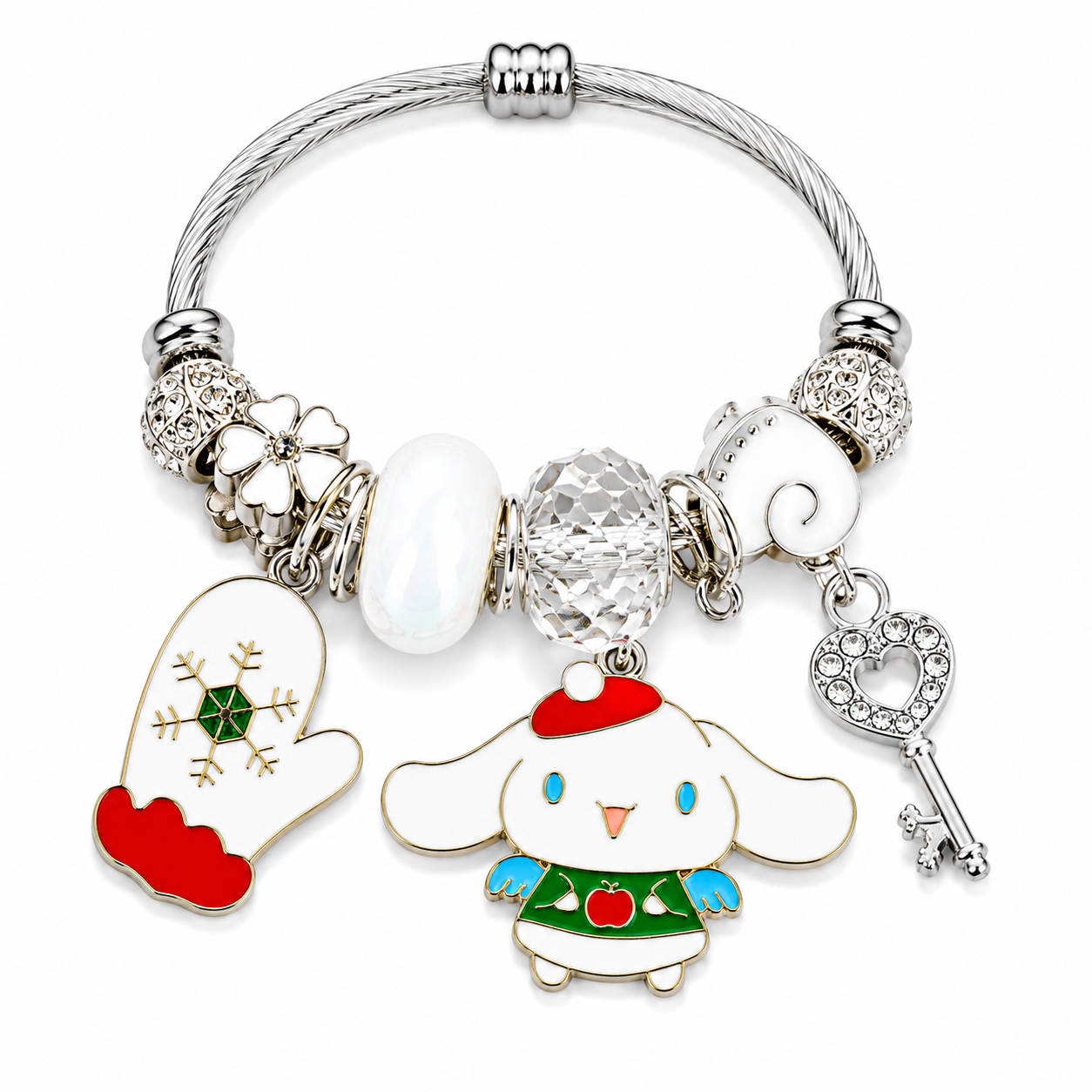 Official Sanrio Cinnamoroll, Keroppi & Badtz-Maru Charm Bracelet – Crystal Beaded Cable Bangle with Kawaii Dangle Charms, 5 Styles