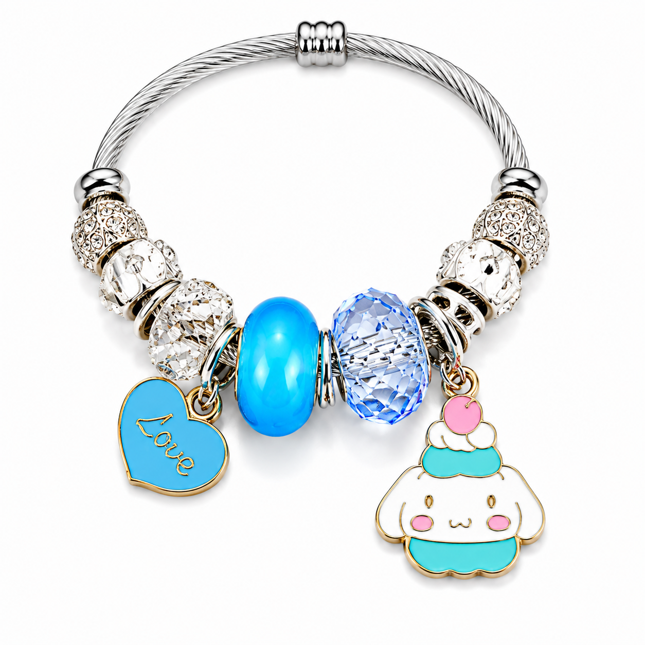 Official Sanrio Cinnamoroll, Keroppi & Badtz-Maru Charm Bracelet – Crystal Beaded Cable Bangle with Kawaii Dangle Charms, 5 Styles