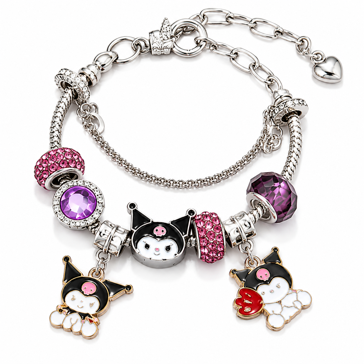 Sanrio Kuromi Charm Bracelet – Kawaii Crystal Beaded Bracelet with Sparkling Dangle Charms, Gold & Silver Tone, 4 Styles