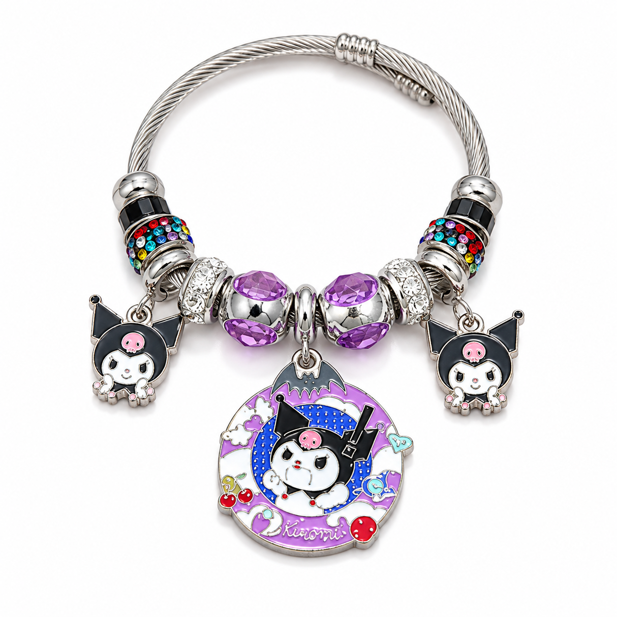 Sanrio Kuromi Charm Bracelet – Kawaii Crystal Beaded Bracelet with Sparkling Dangle Charms, Gold & Silver Tone, 4 Styles