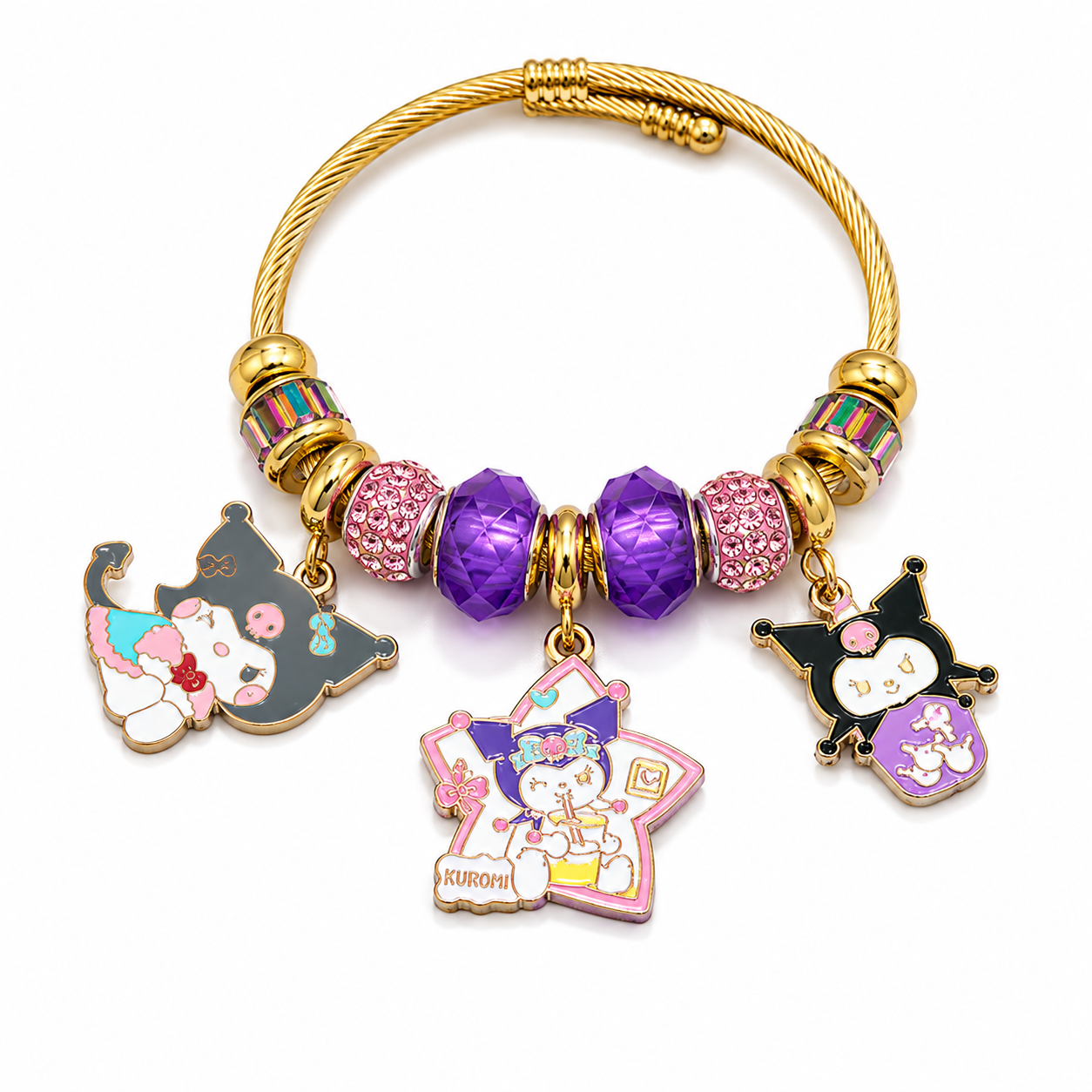 Sanrio Kuromi Charm Bracelet – Kawaii Crystal Beaded Bracelet with Sparkling Dangle Charms, Gold & Silver Tone, 4 Styles