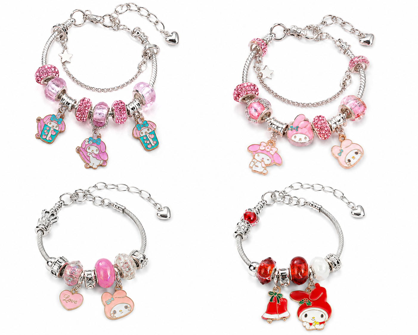Kawaii Character Charm Bracelet – Pink & Red Crystal Beaded Silver Bracelet with Dangle Charms, 4 Cute Styles
