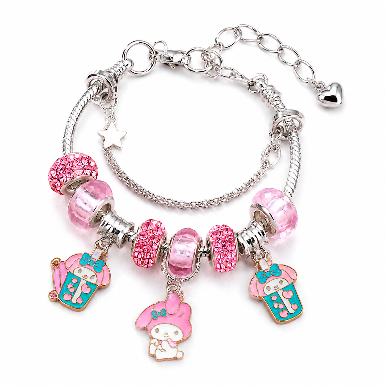 Kawaii Character Charm Bracelet – Pink & Red Crystal Beaded Silver Bracelet with Dangle Charms, 4 Cute Styles