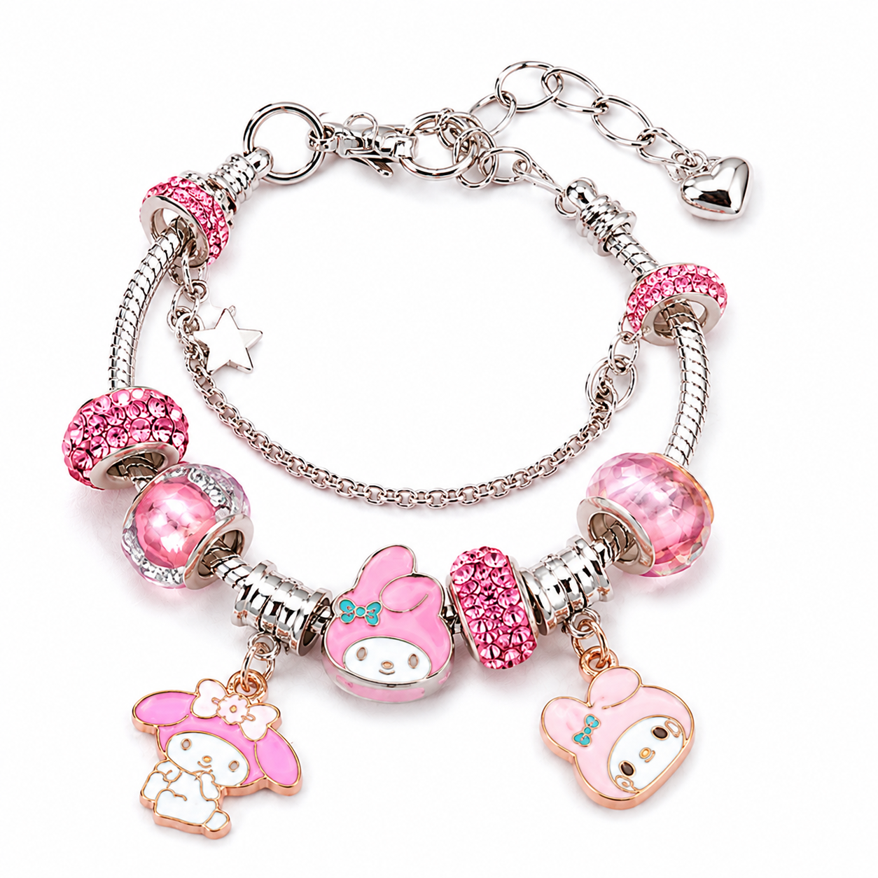Kawaii Character Charm Bracelet – Pink & Red Crystal Beaded Silver Bracelet with Dangle Charms, 4 Cute Styles
