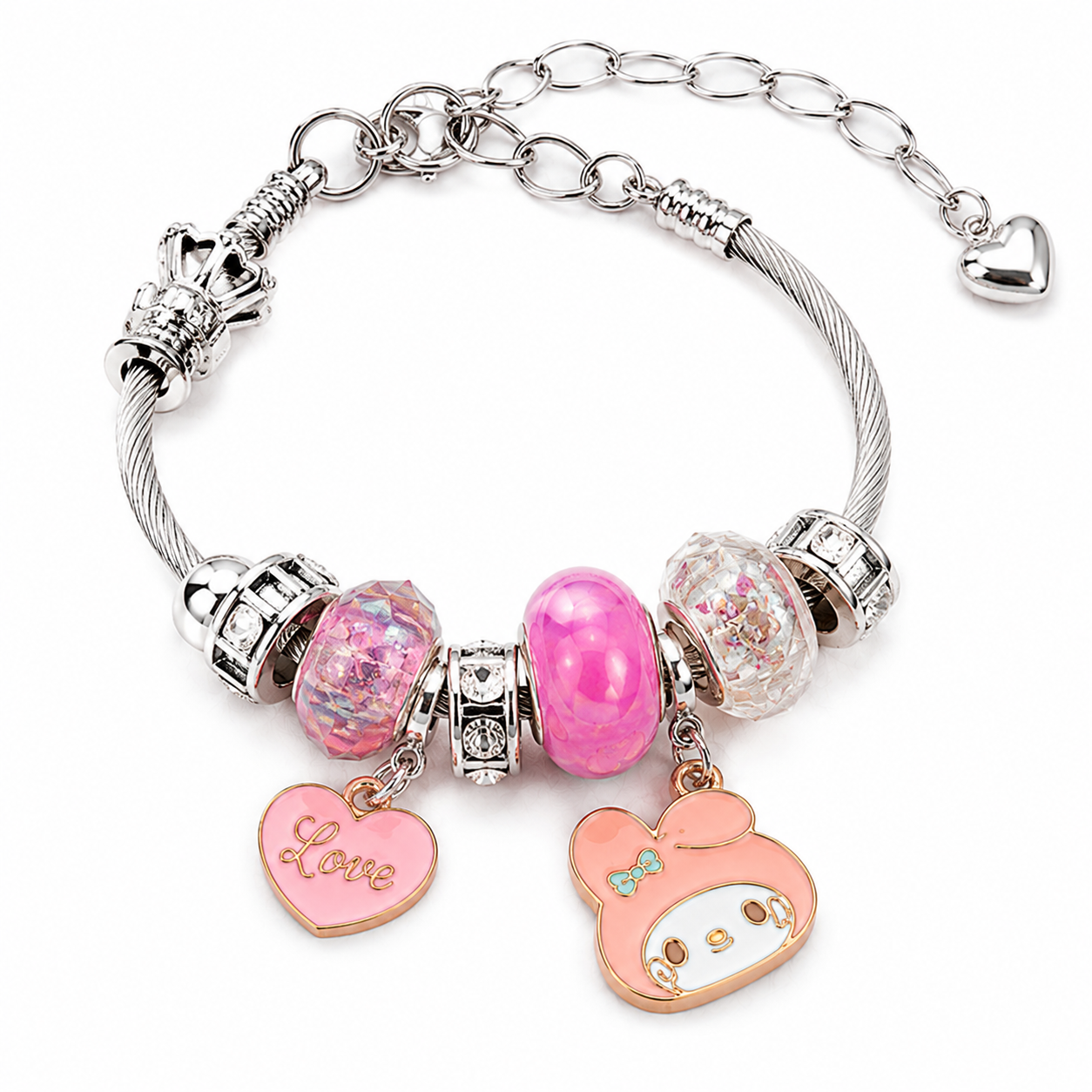 Kawaii Character Charm Bracelet – Pink & Red Crystal Beaded Silver Bracelet with Dangle Charms, 4 Cute Styles