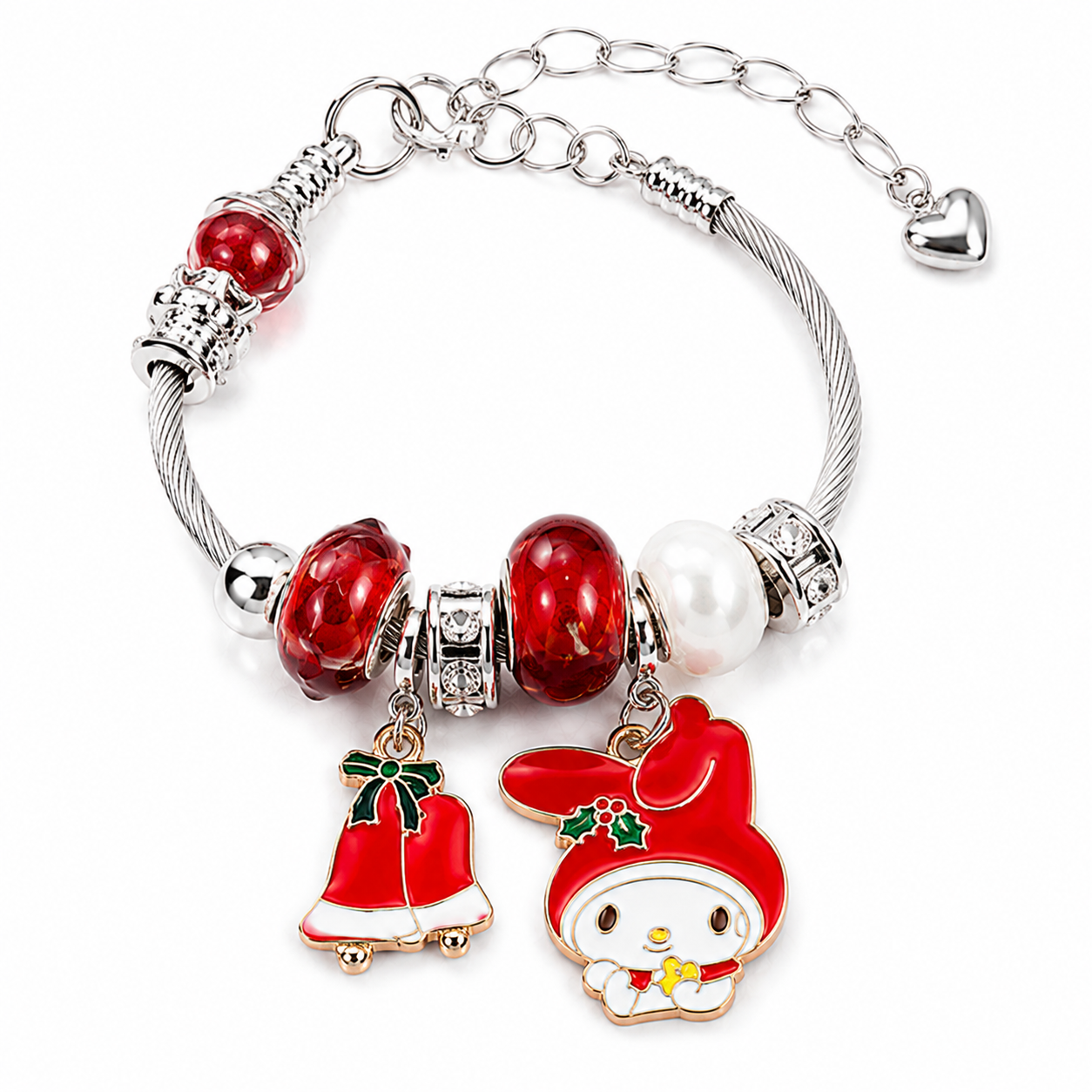 Kawaii Character Charm Bracelet – Pink & Red Crystal Beaded Silver Bracelet with Dangle Charms, 4 Cute Styles