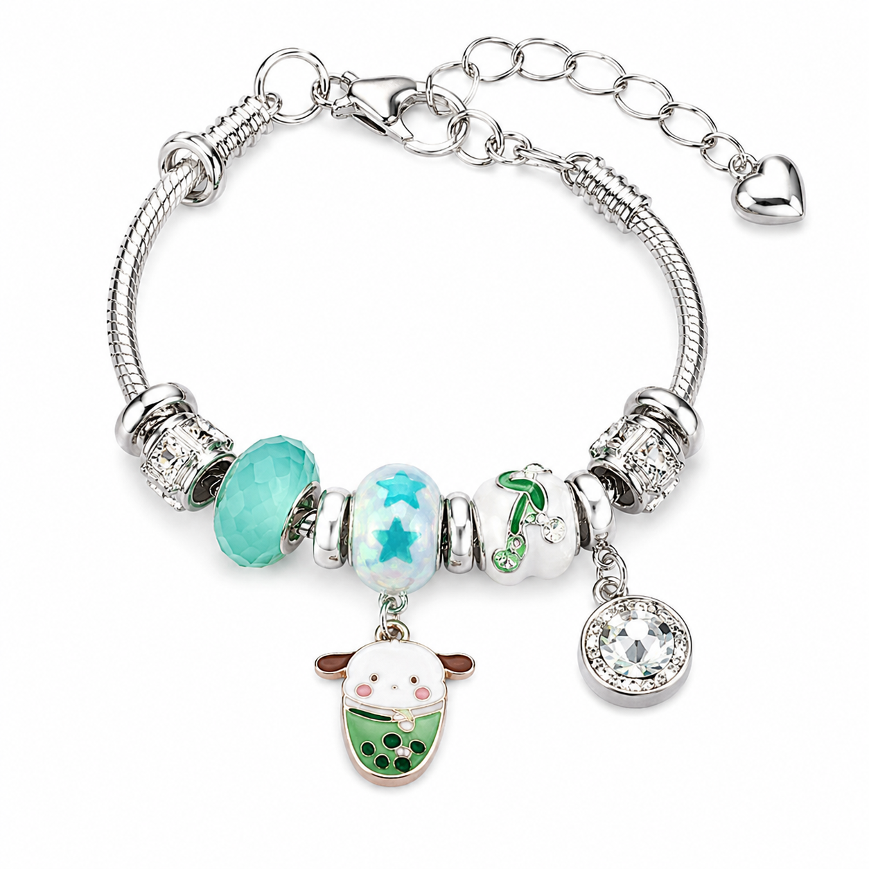 Sanrio Pochacco Charm Bracelet – Kawaii Crystal Beaded Silver-Tone Bracelet with Cute Dangle Charms, 5 Unique Styles