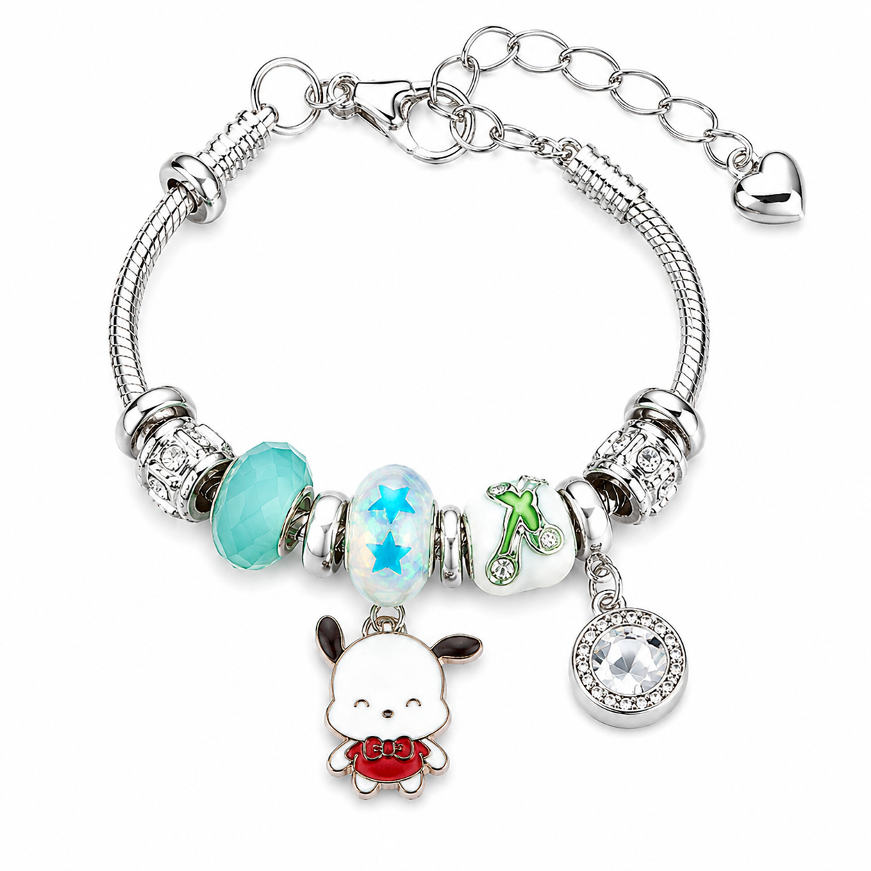 Sanrio Pochacco Charm Bracelet – Kawaii Crystal Beaded Silver-Tone Bracelet with Cute Dangle Charms, 5 Unique Styles