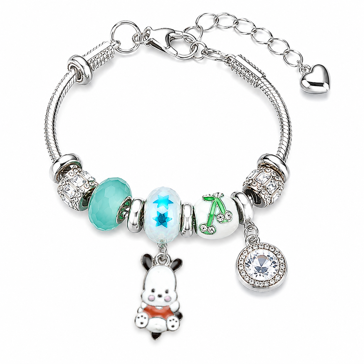 Sanrio Pochacco Charm Bracelet – Kawaii Crystal Beaded Silver-Tone Bracelet with Cute Dangle Charms, 5 Unique Styles