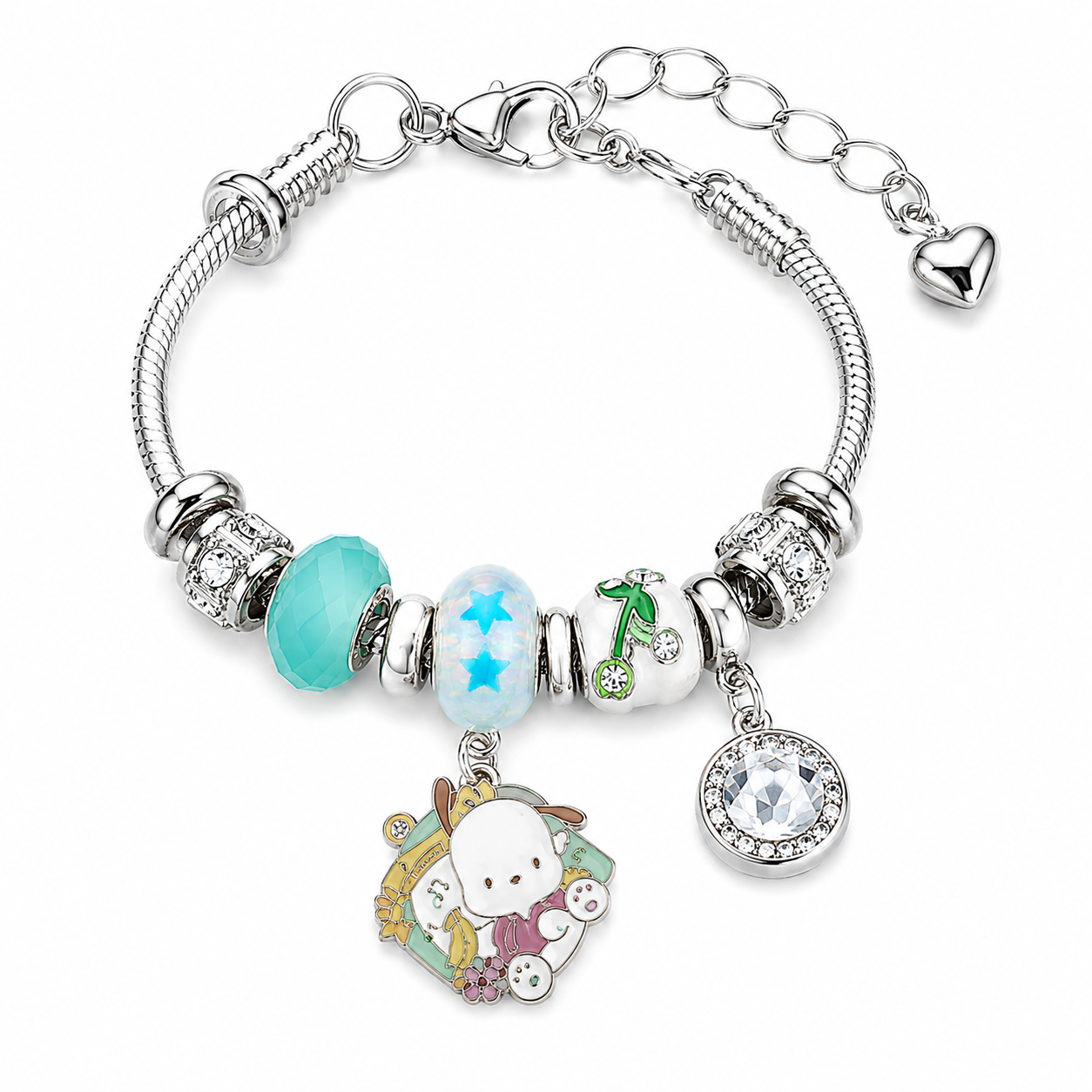 Sanrio Pochacco Charm Bracelet – Kawaii Crystal Beaded Silver-Tone Bracelet with Cute Dangle Charms, 5 Unique Styles