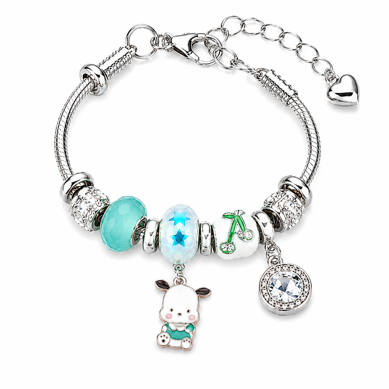 Sanrio Pochacco Charm Bracelet – Kawaii Crystal Beaded Silver-Tone Bracelet with Cute Dangle Charms, 5 Unique Styles