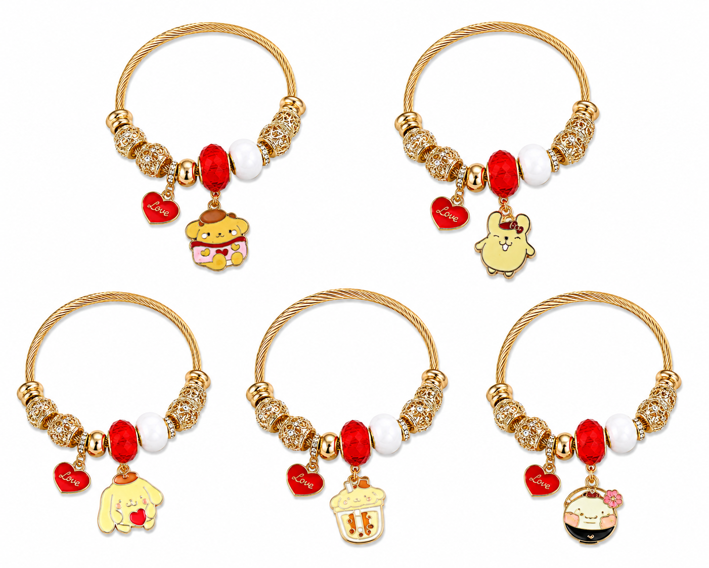 Sanrio Pompompurin Charm Bracelet – Kawaii Gold-Tone Cable Bangle with Crystal Beads & Cute Dangle Charms, 5 Unique Styles