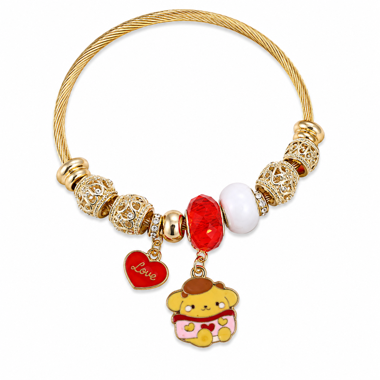 Sanrio Pompompurin Charm Bracelet – Kawaii Gold-Tone Cable Bangle with Crystal Beads & Cute Dangle Charms, 5 Unique Styles