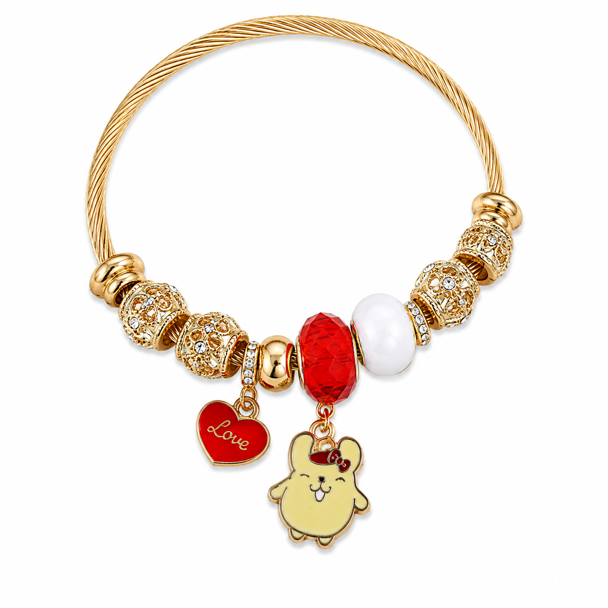 Sanrio Pompompurin Charm Bracelet – Kawaii Gold-Tone Cable Bangle with Crystal Beads & Cute Dangle Charms, 5 Unique Styles
