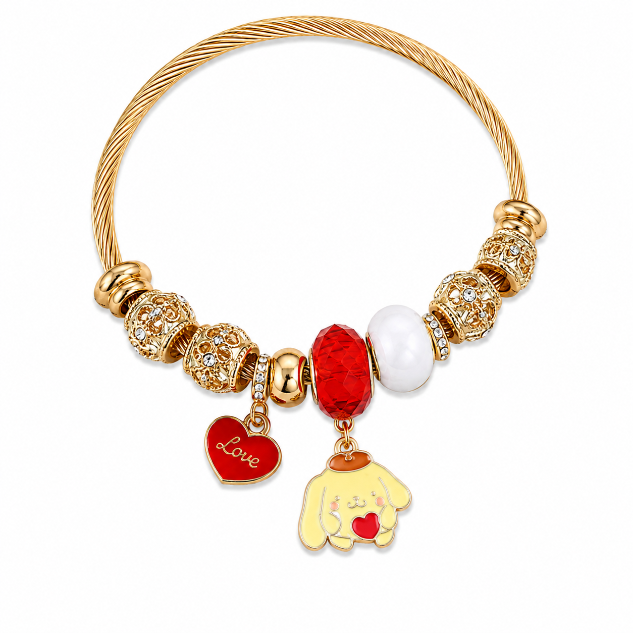 Sanrio Pompompurin Charm Bracelet – Kawaii Gold-Tone Cable Bangle with Crystal Beads & Cute Dangle Charms, 5 Unique Styles