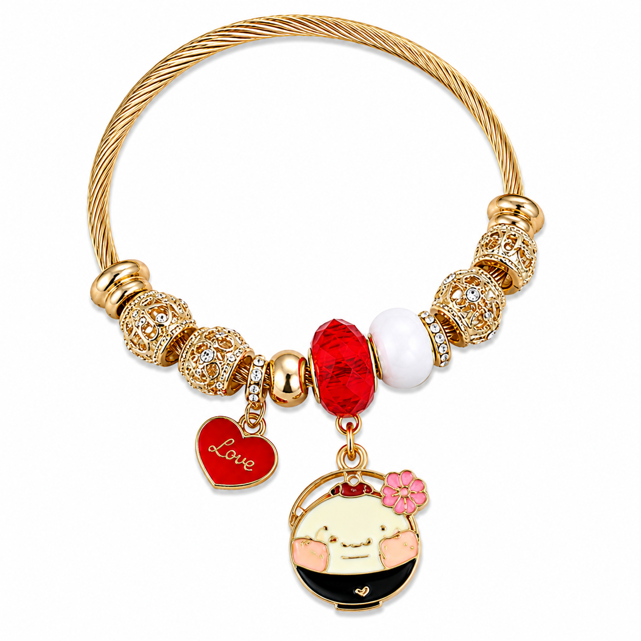 Sanrio Pompompurin Charm Bracelet – Kawaii Gold-Tone Cable Bangle with Crystal Beads & Cute Dangle Charms, 5 Unique Styles