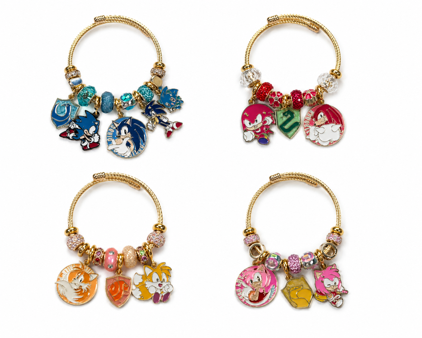 Sonic & Friends Character Charm Bracelet – Colorful Crystal Beaded Gold-Tone Cable Bangle with Dangle Charms, 4 Unique Styles