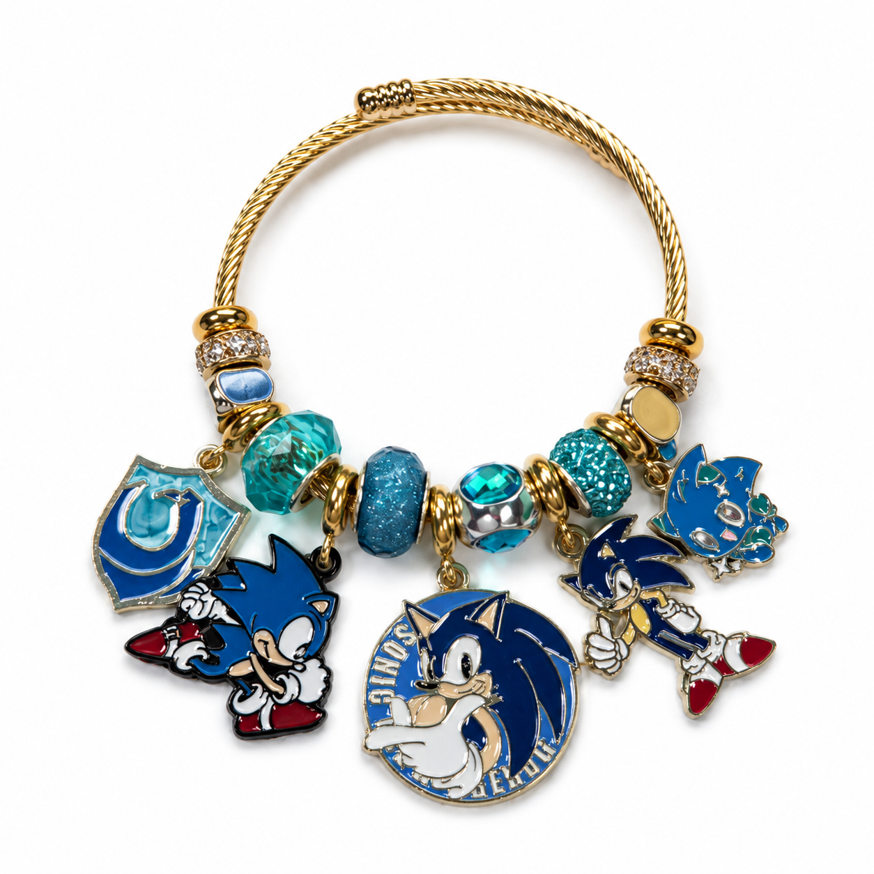 Sonic & Friends Character Charm Bracelet – Colorful Crystal Beaded Gold-Tone Cable Bangle with Dangle Charms, 4 Unique Styles