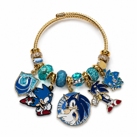Sonic & Friends Character Charm Bracelet – Colorful Crystal Beaded Gold-Tone Cable Bangle with Dangle Charms, 4 Unique Styles