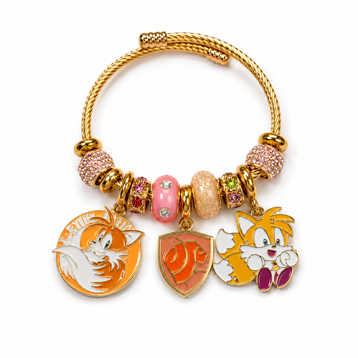 Sonic & Friends Character Charm Bracelet – Colorful Crystal Beaded Gold-Tone Cable Bangle with Dangle Charms, 4 Unique Styles
