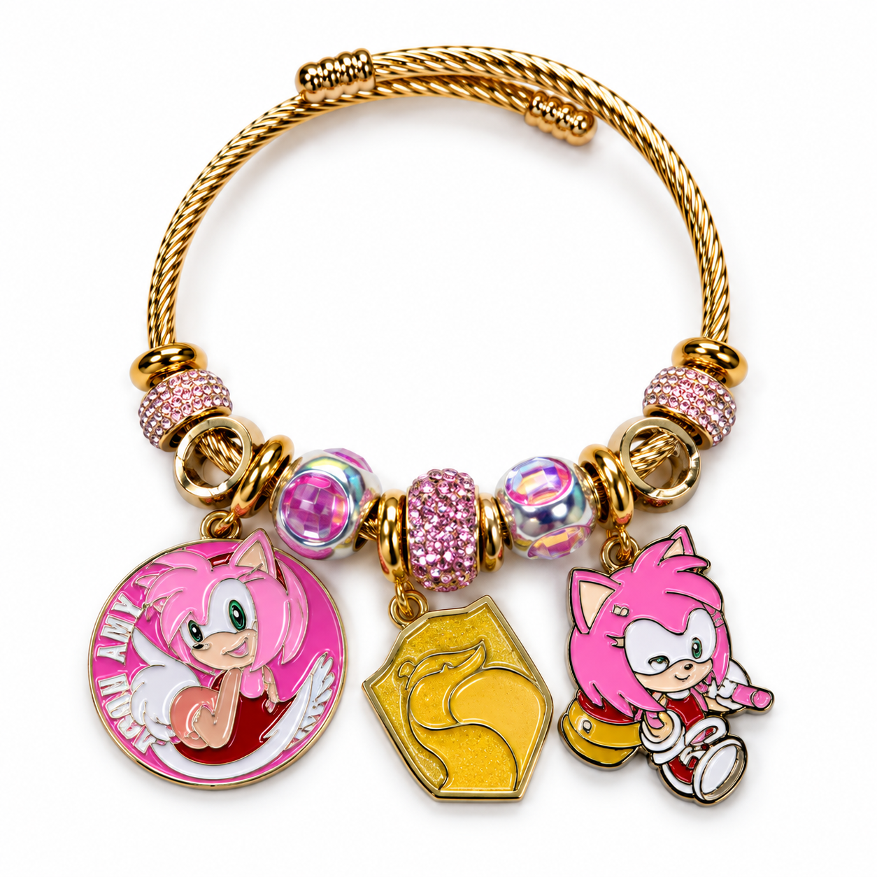 Sonic & Friends Character Charm Bracelet – Colorful Crystal Beaded Gold-Tone Cable Bangle with Dangle Charms, 4 Unique Styles