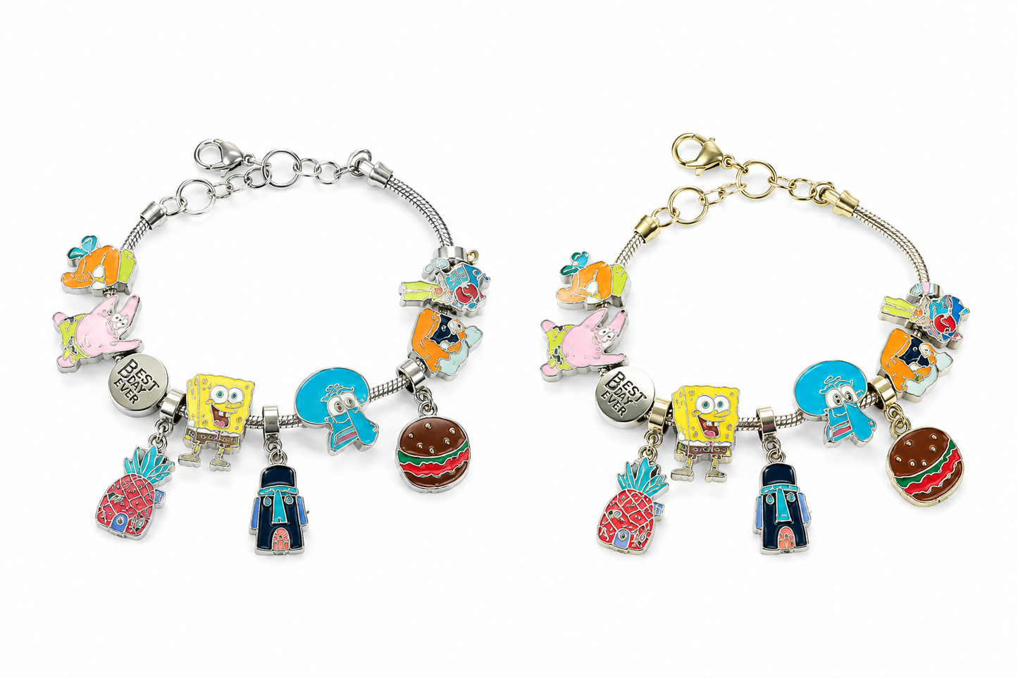 SpongeBob SquarePants Charm Bracelet – Colorful Cartoon Character Dangle Bracelet with Patrick, Squidward & Bikini Bottom Charms, 2 Styles