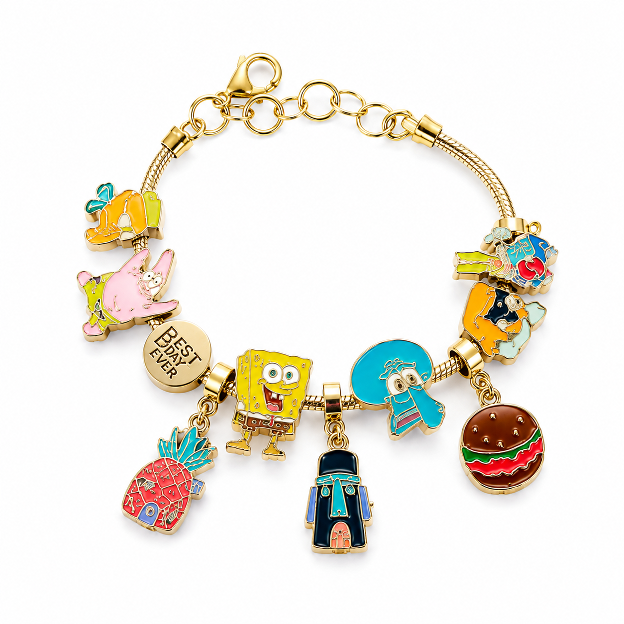 SpongeBob SquarePants Charm Bracelet – Colorful Cartoon Character Dangle Bracelet with Patrick, Squidward & Bikini Bottom Charms, 2 Styles